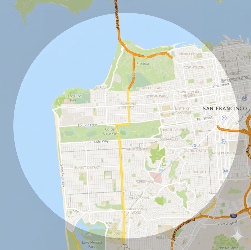 Presidio Bikes service area map showing coverage across SF's west side neighborhoods including Inner Richmond, Presidio, Pac Heights, NoPa, Laurel Heights, and Inner Sunset